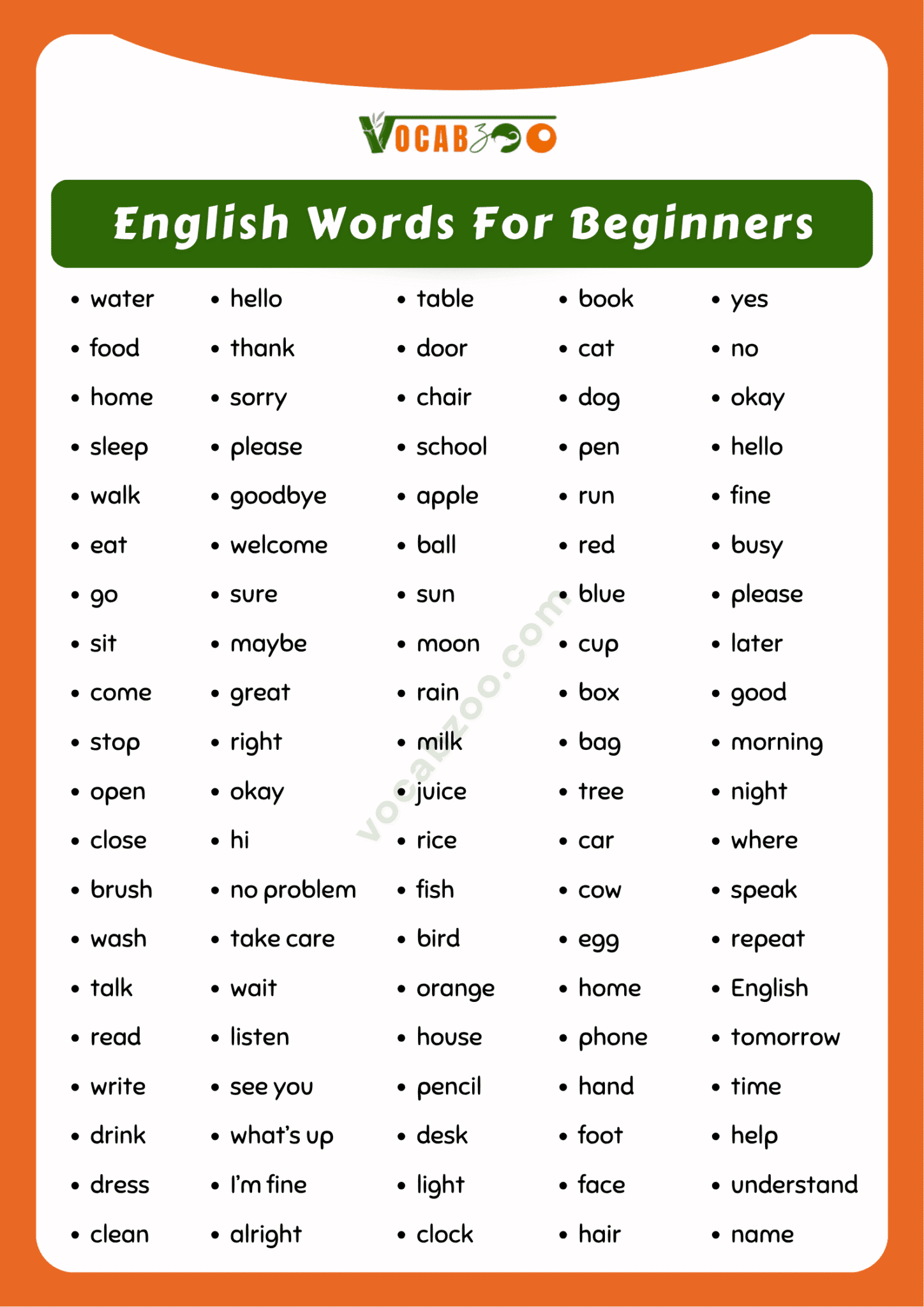 100 Daily Use English Words For Beginners Level With Pdf