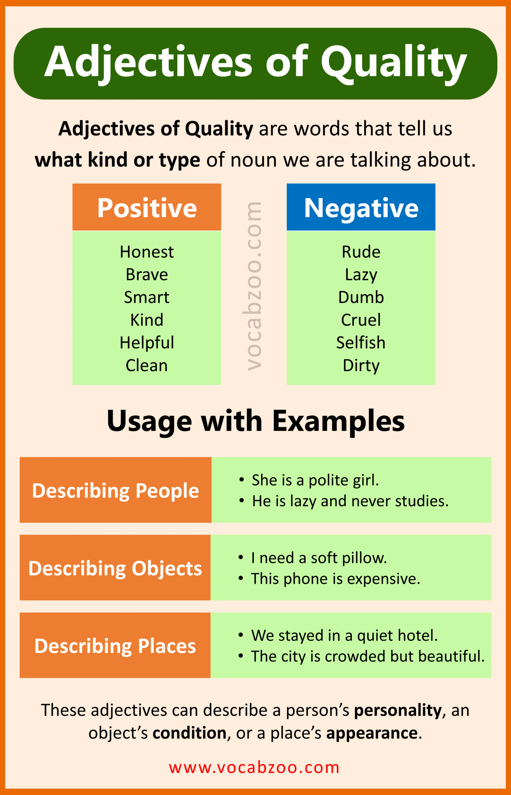 Adjectives of Quality with Example Sentences
