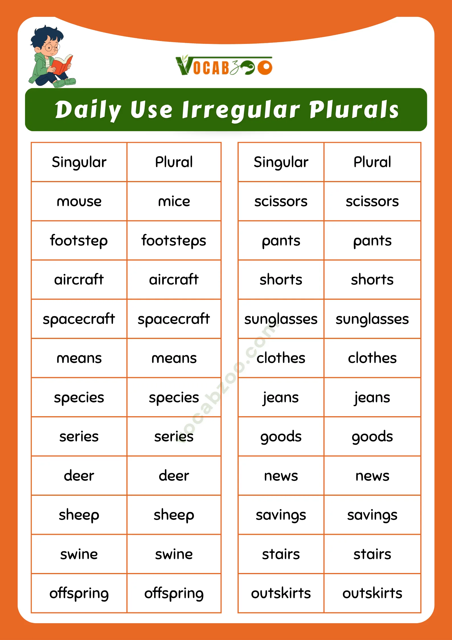 200 Irregular Plurals in English with Meanings
