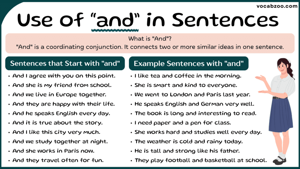 Sentences with and | Use of and in Sentences - Vocabzoo