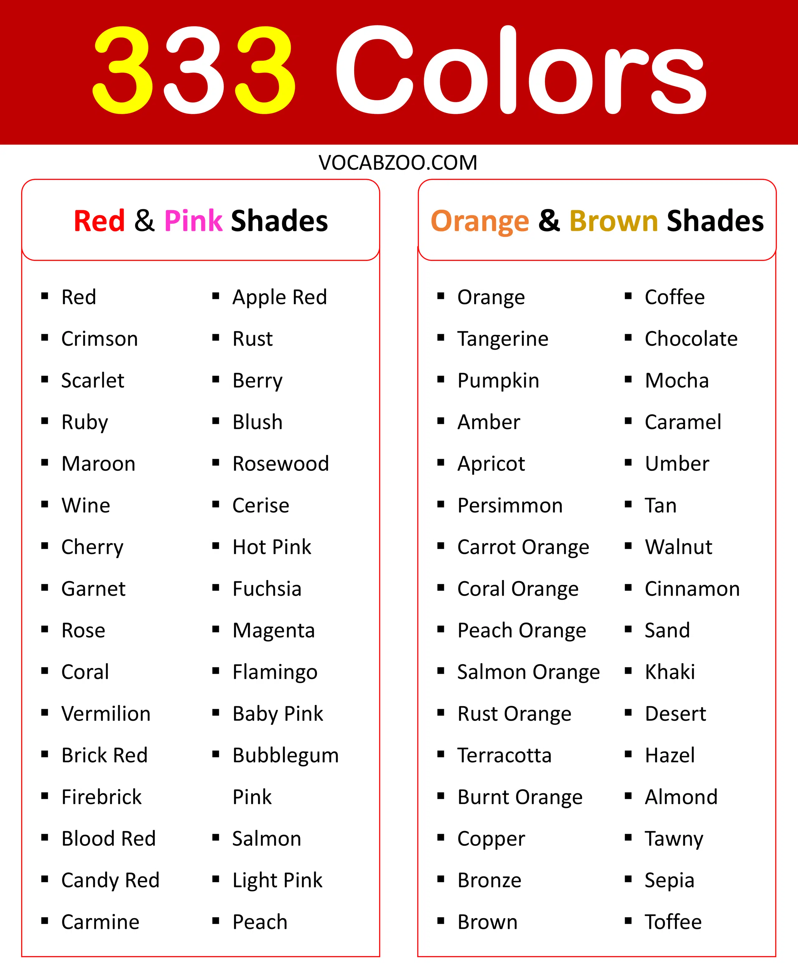 Red, Pink, Orange, and Brown Shades