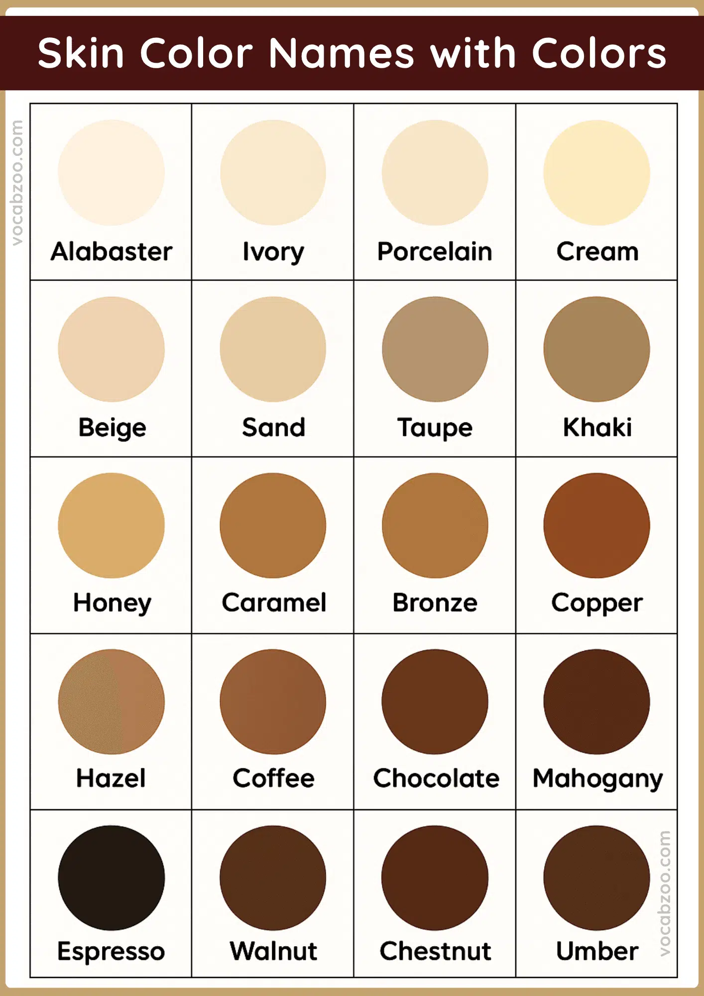 Skin Color Names with Colors and Their Pictures