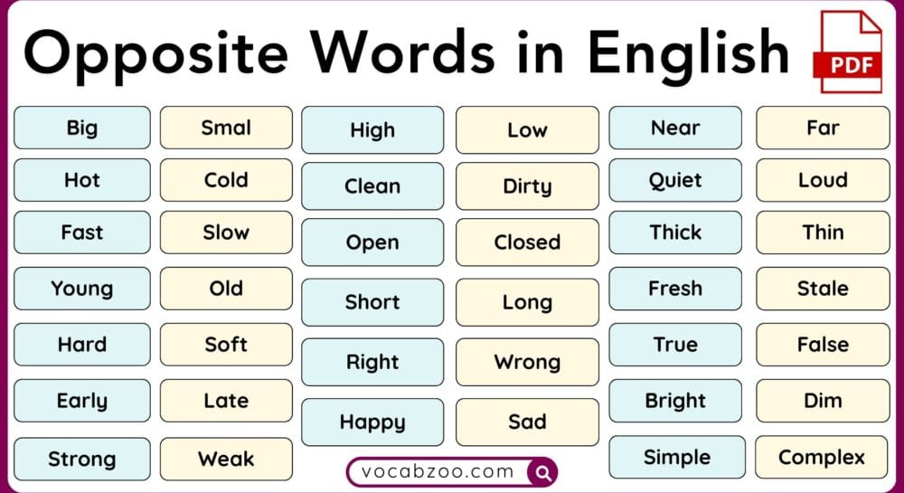 100 Opposite Words in English with Meanings and PDF