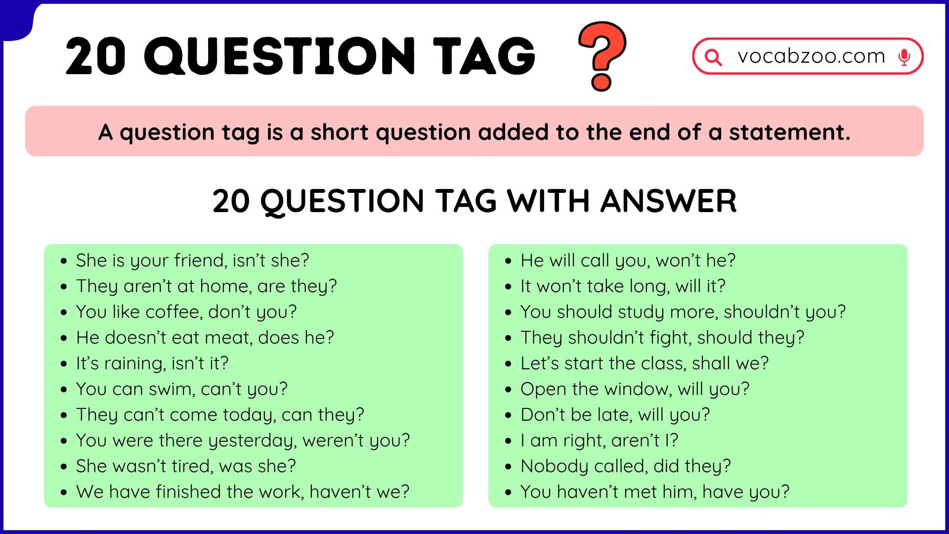 20 Question Tag With Answer in English