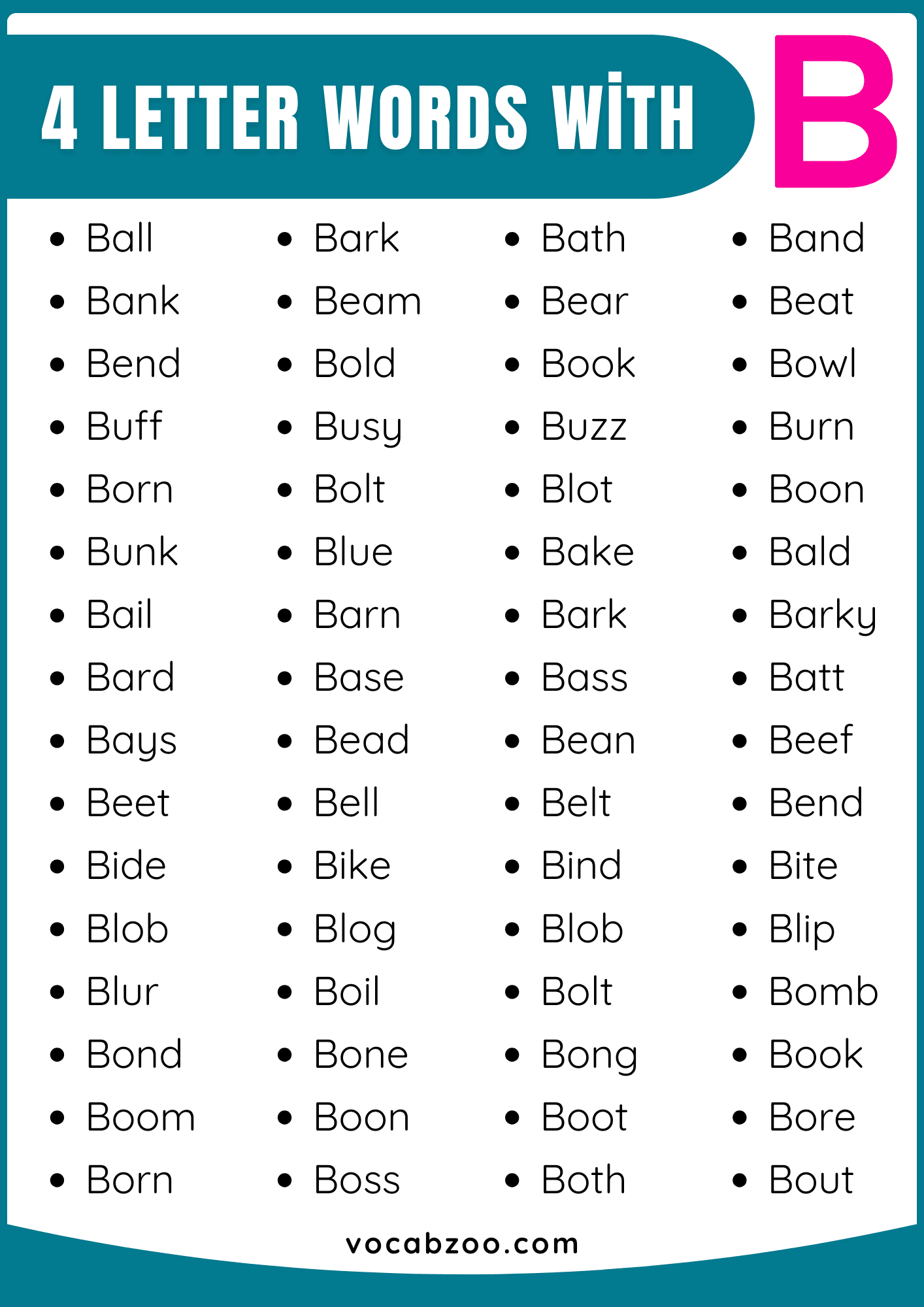 Four Letter Words that Start with B in English | B-Words List
