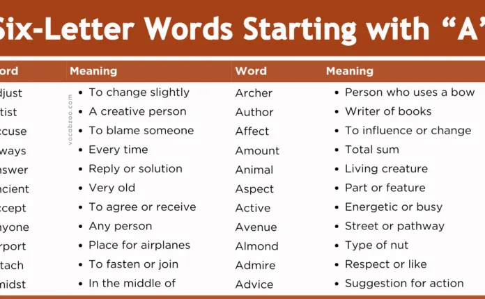 Six Letter Words Starting with A - List of Words with A