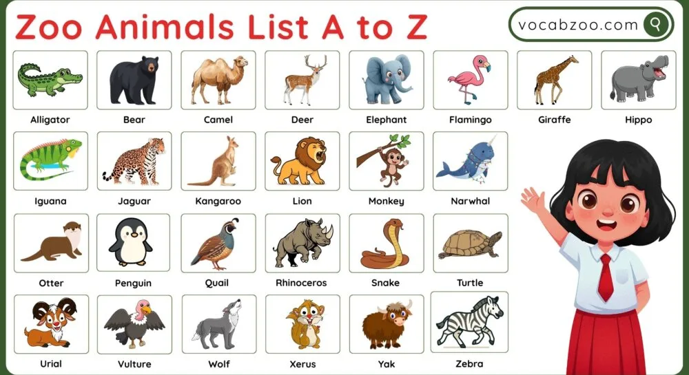 Zoo Animals List A to Z in English with Their Pictures