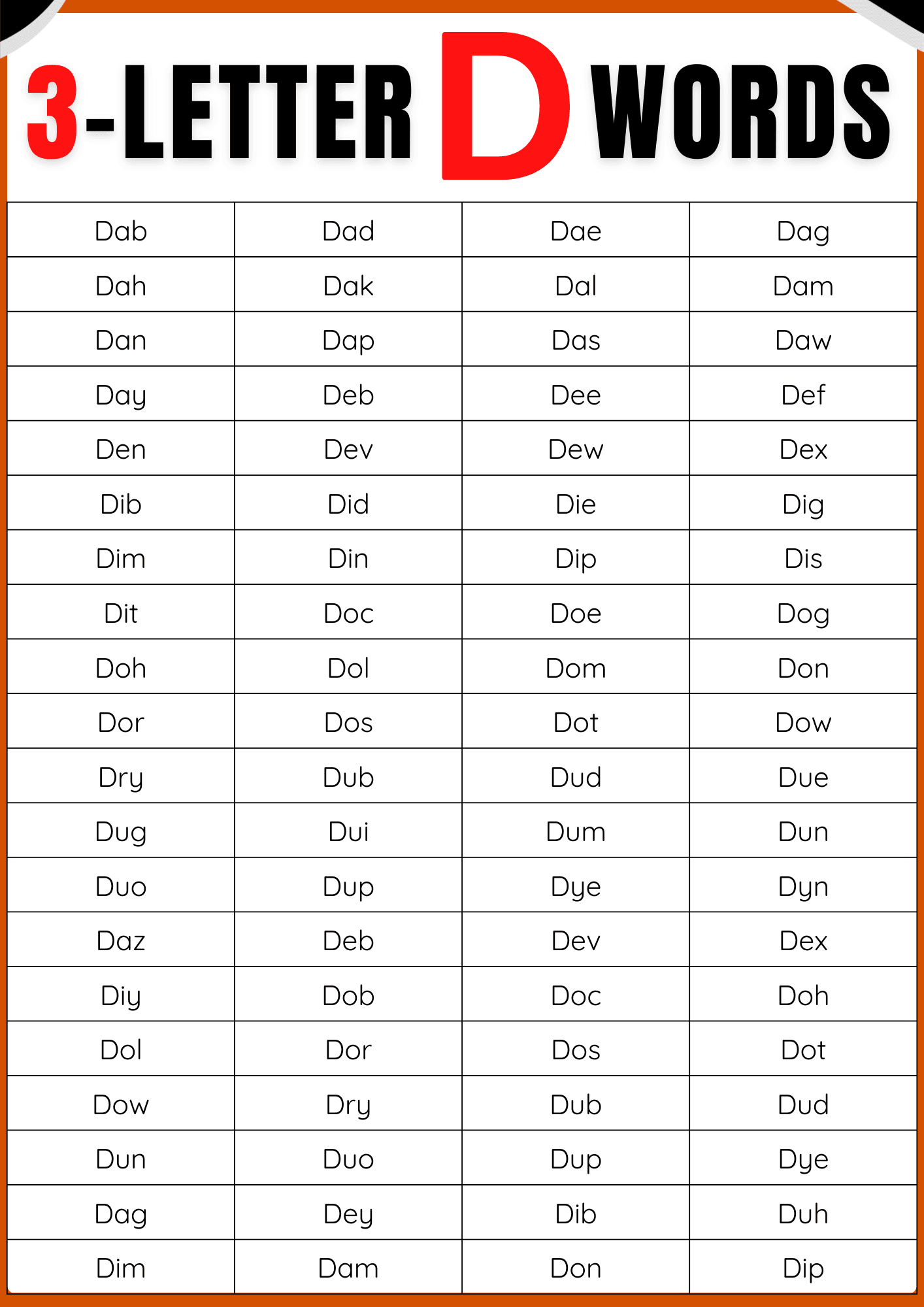 Three Letter Words that Start with D | D-Letter Words List