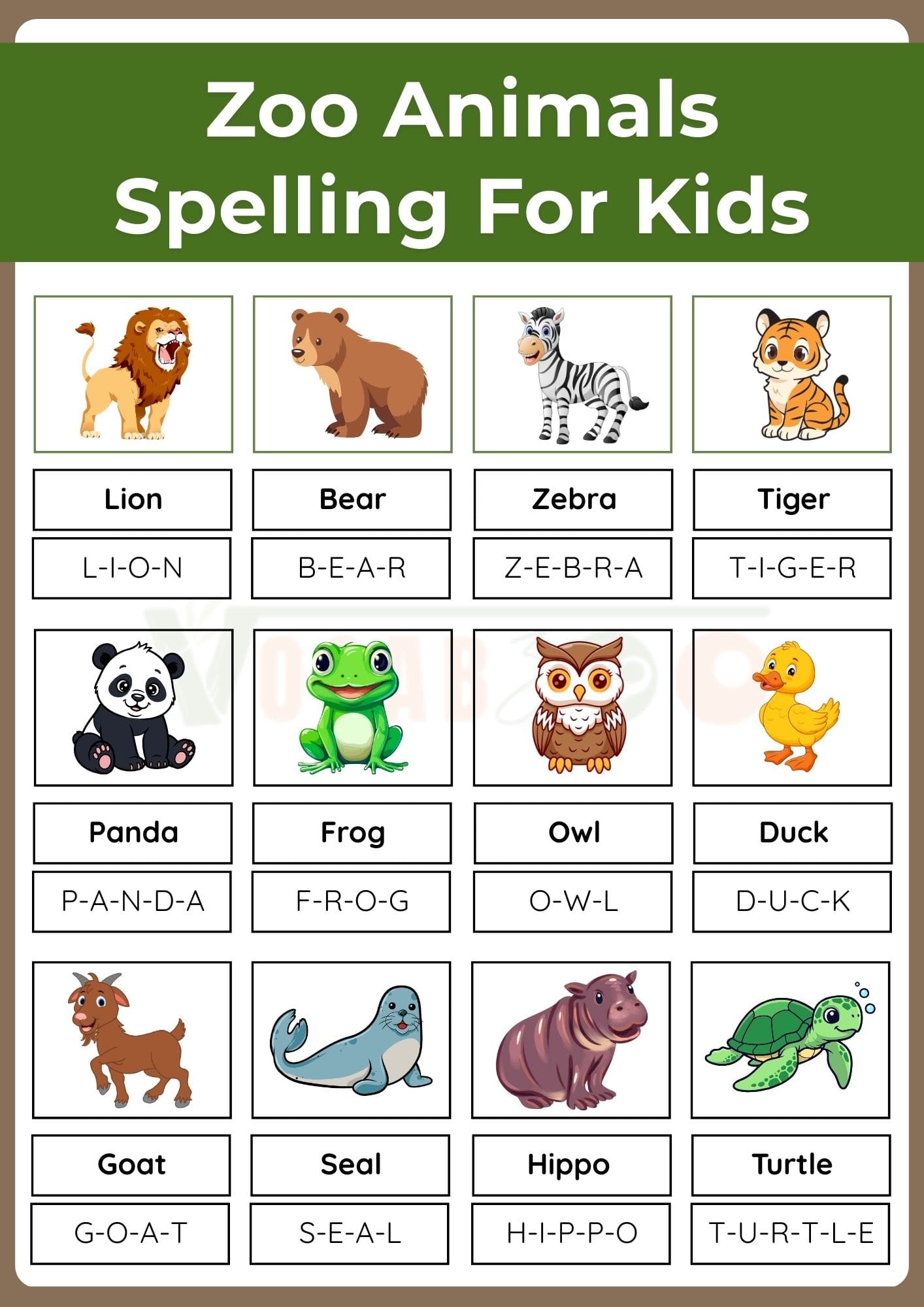 Zoo Animals Spelling List for Kids in English