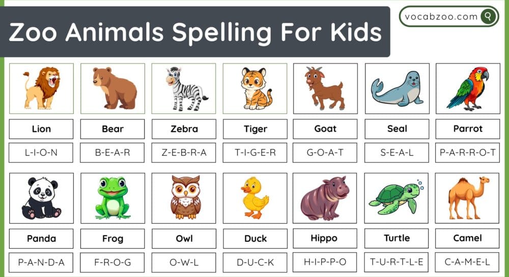 Zoo Animals Spelling List for Kids in English