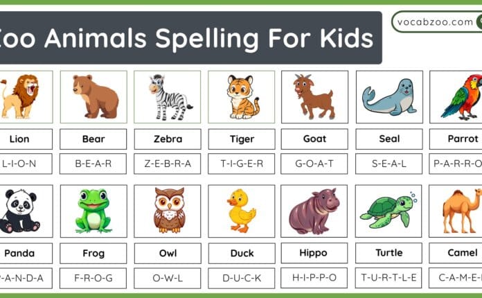 Zoo Animals Spelling List for Kids in English