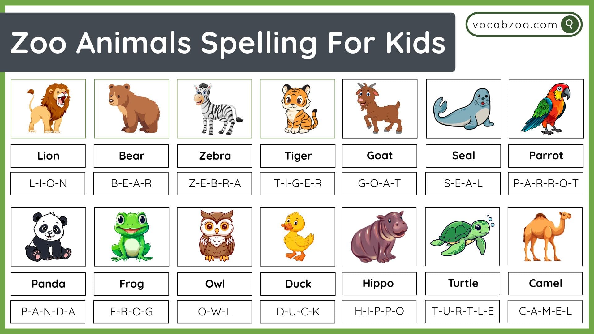 Zoo Animals Spelling List for Kids in English