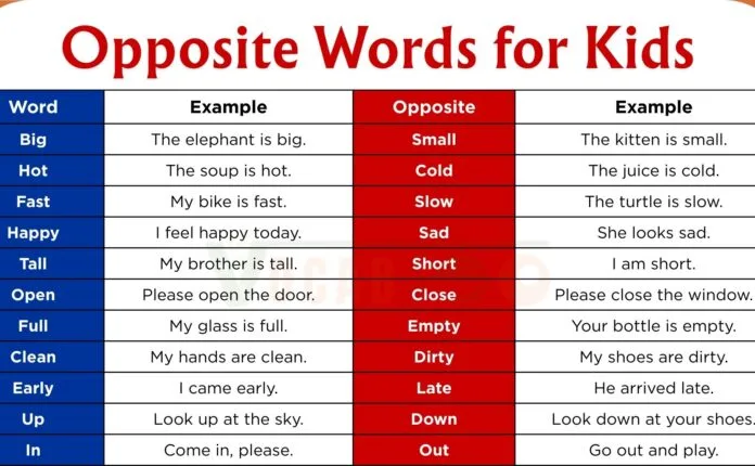 100 Opposite Words for Kids in English