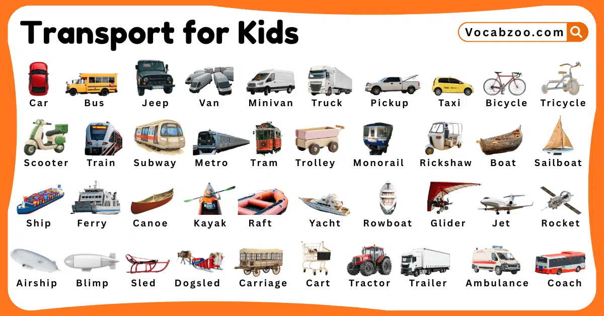 Transport Names for Kids in English with Pictures