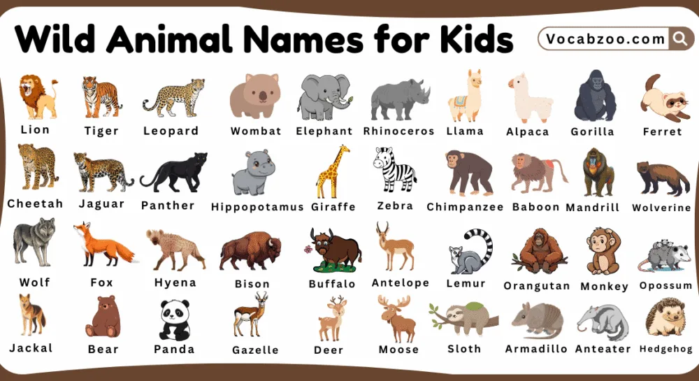 Wild Animal Names for Kids in English with Pictures