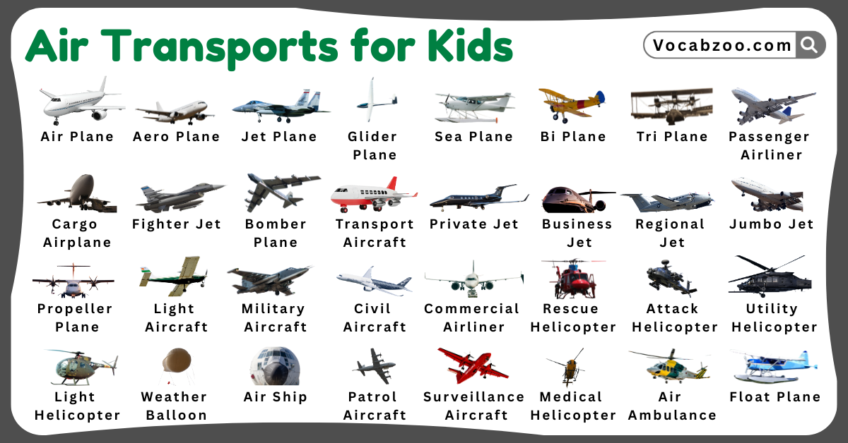 Air Transports Names for Kids in English with Pictures