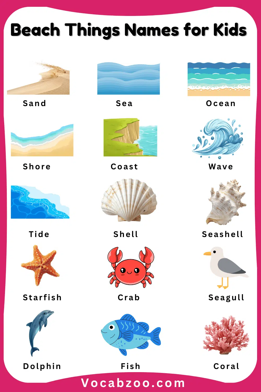 Beach Things Names for Kids in English with Pictures