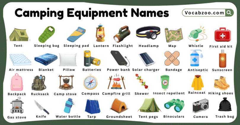 Camping Equipment Names for Kids in English with Pictures