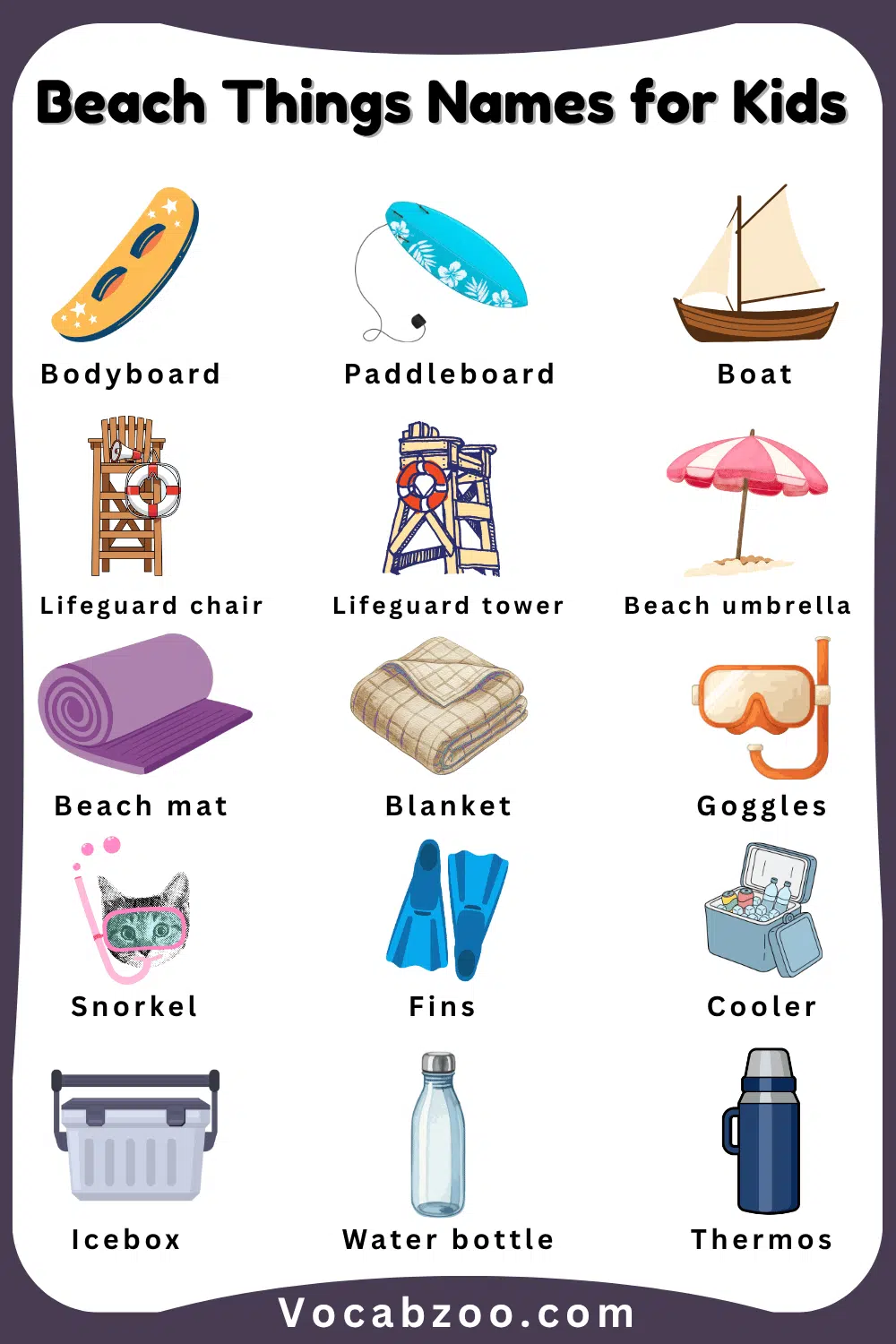 Common Beach Things Names for Kids and Images
