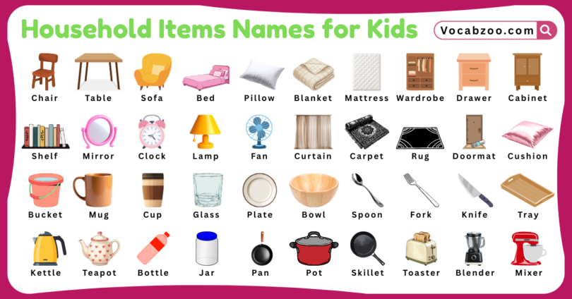 Household Items Names for Kids in English with Pictures