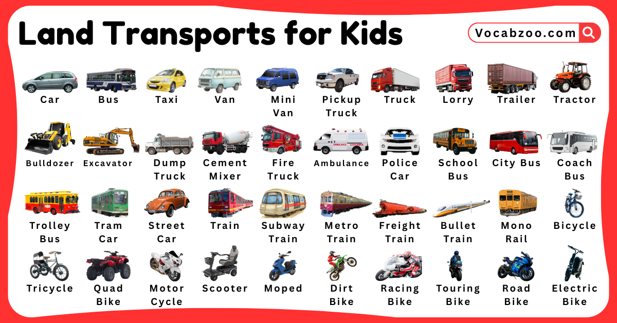 Land Transports Names for Kids in English with Pictures