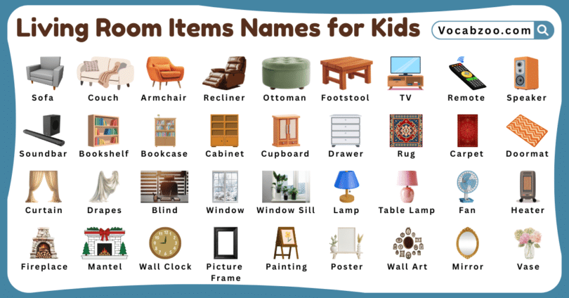 Living Room Items Names for Kids in English with Pictures