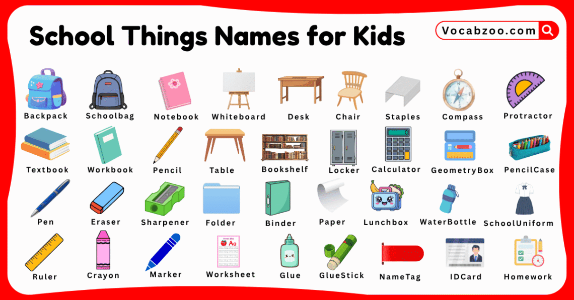 School Things Names for Kids in English with Pictures - Vocabzoo