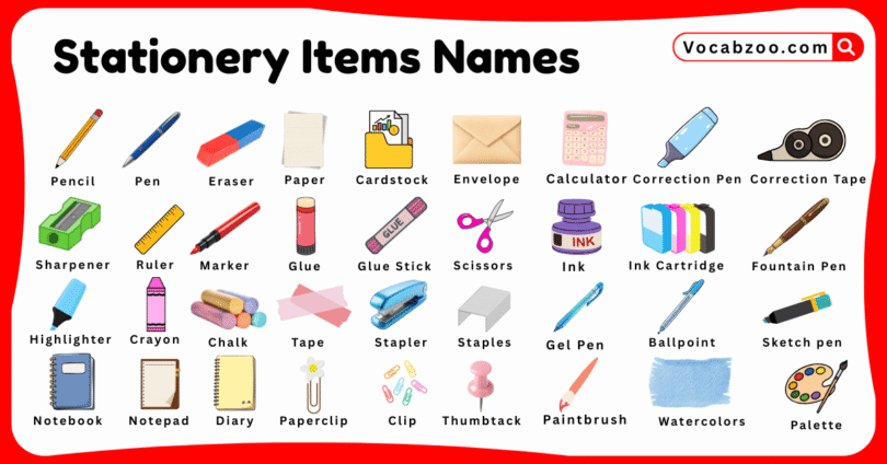 Stationery Items Names for Kids in English with Pictures