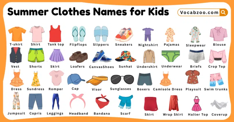 Summer Clothes Names for Kids in English with Pictures