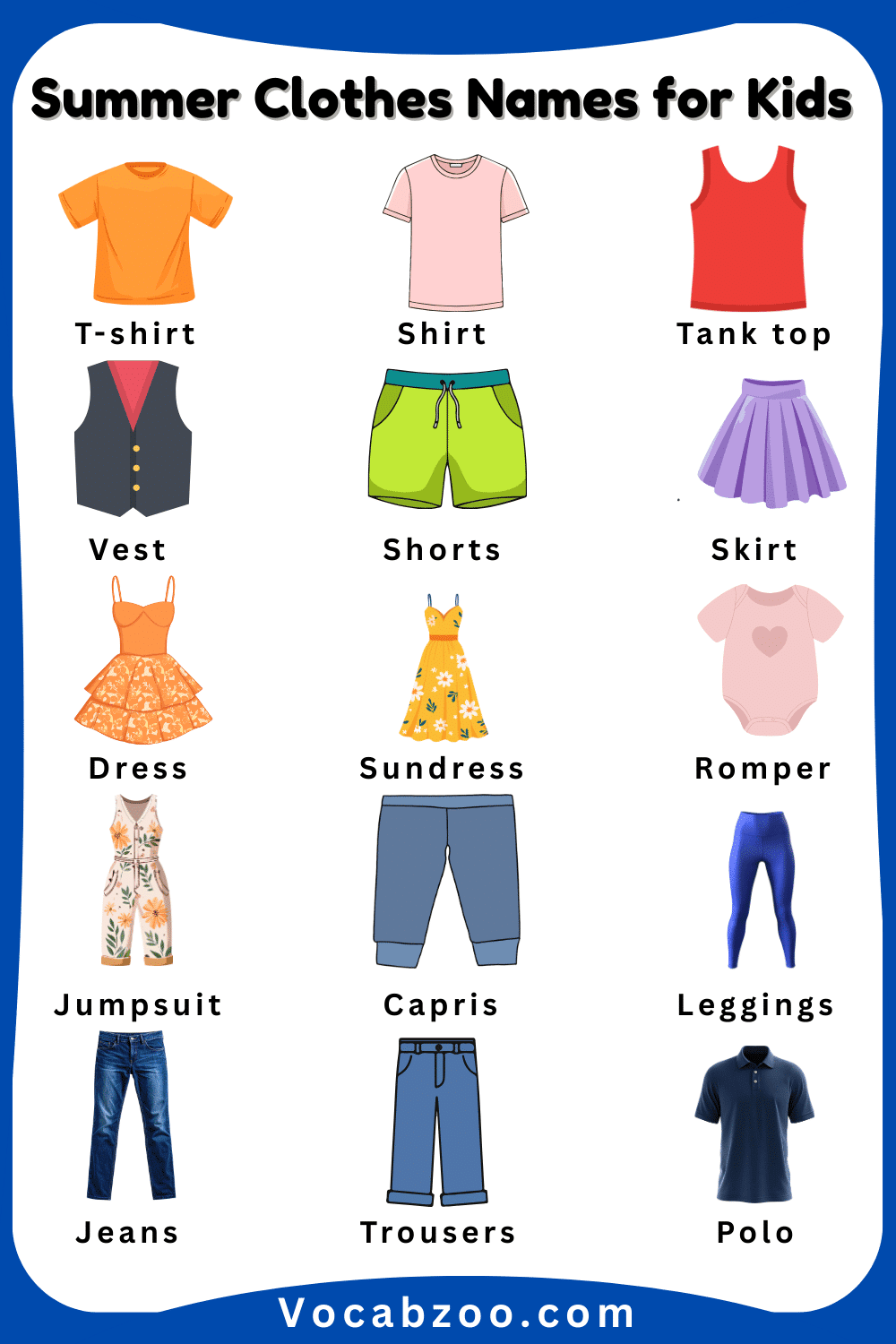 Summer Clothes Names for Kids in English with Pictures