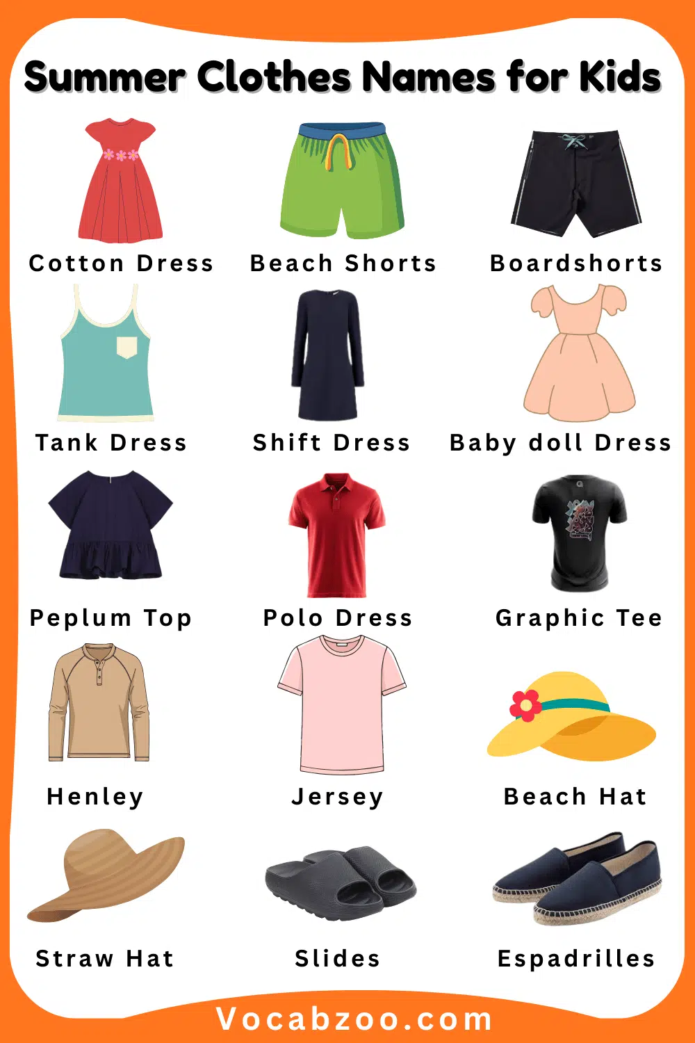 Summer Clothes Pictures and Names in English for Child