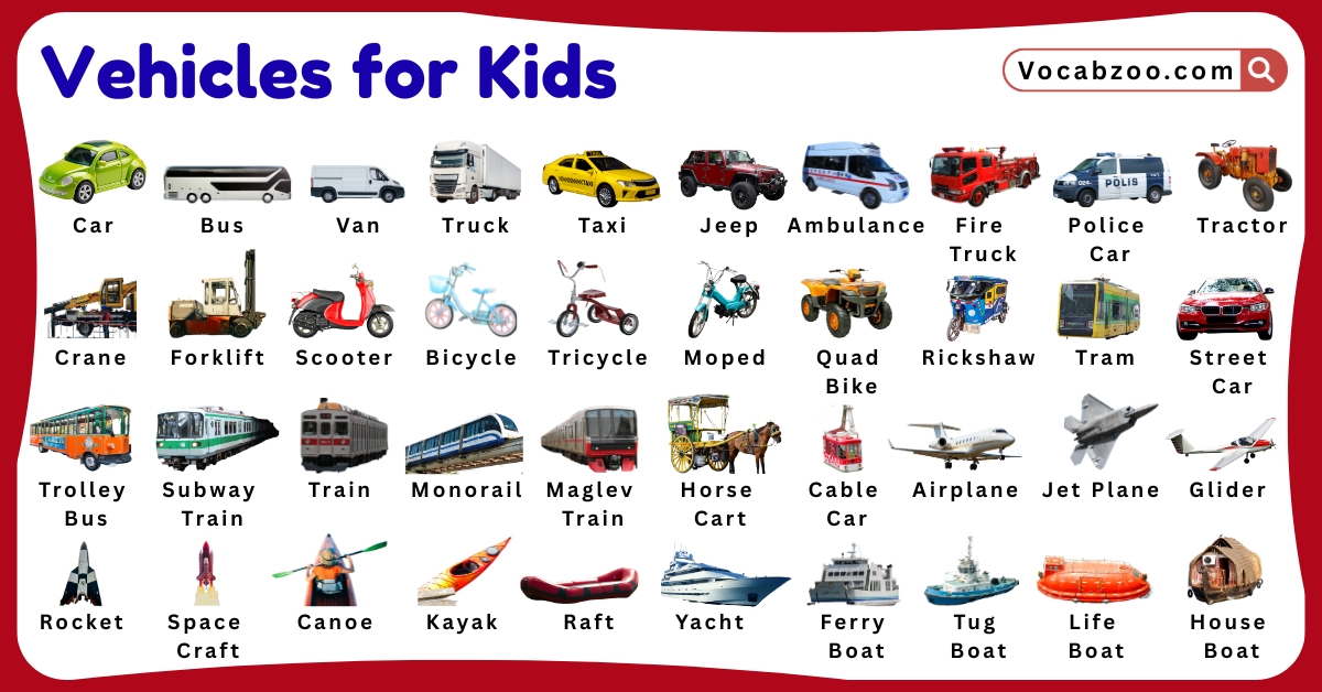 Vehicles Names for Kids in English with Pictures
