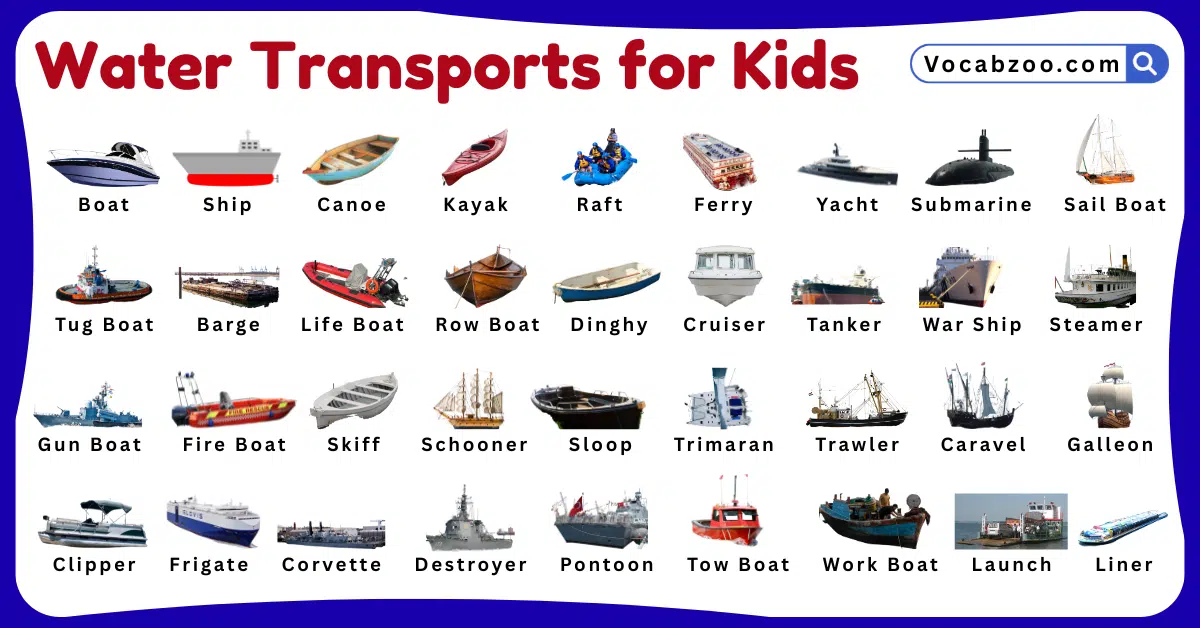 Water Transports Names for Kids in English with Pictures