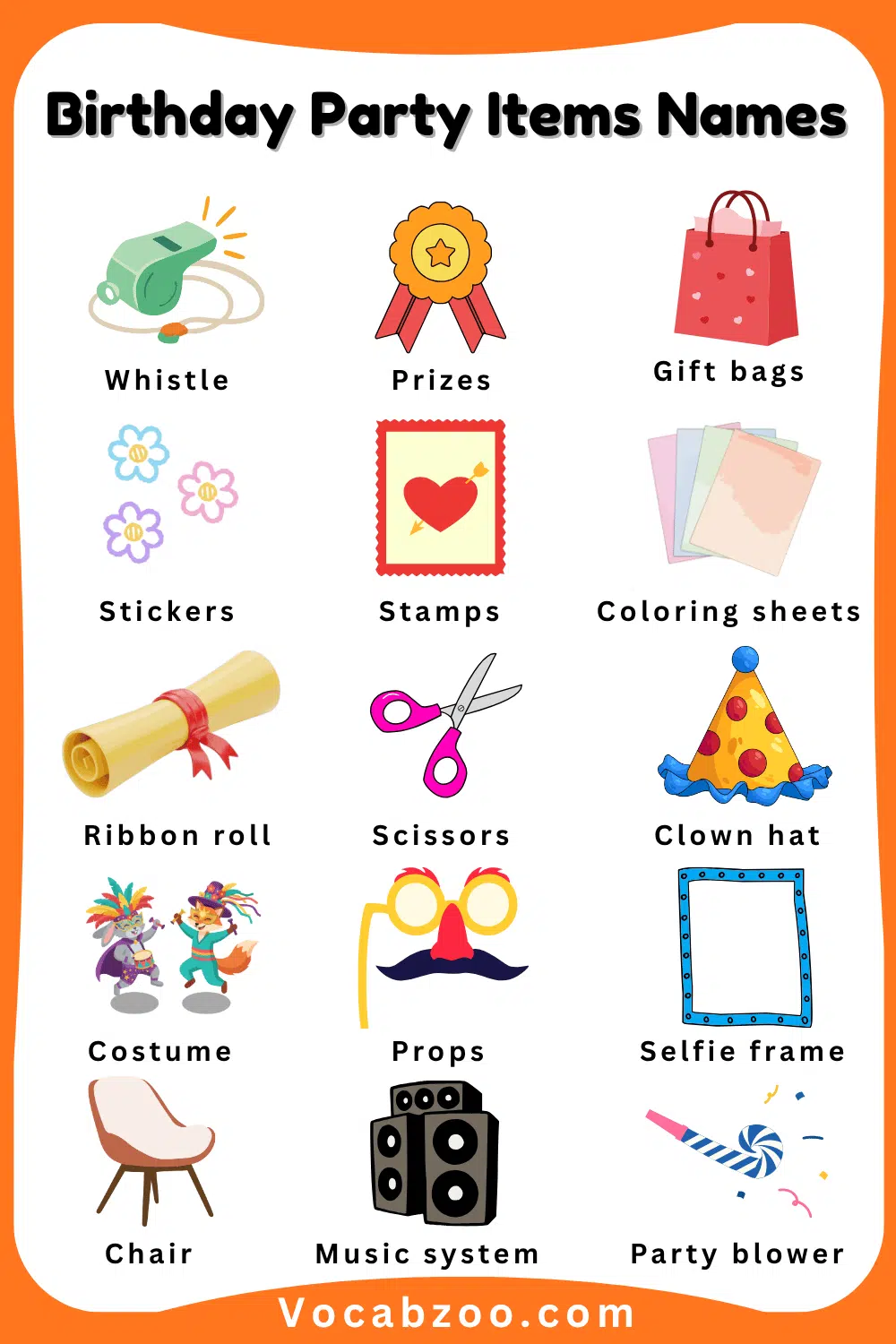 15 Names of Birthday Party Items for Kids and Pictures