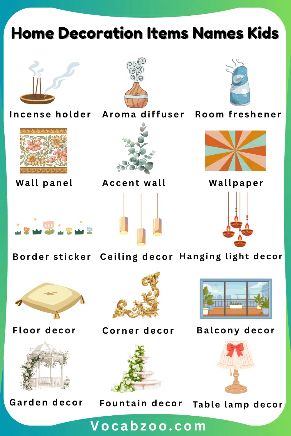 90 Home Decoration Things Name for Child in English and Pictures
