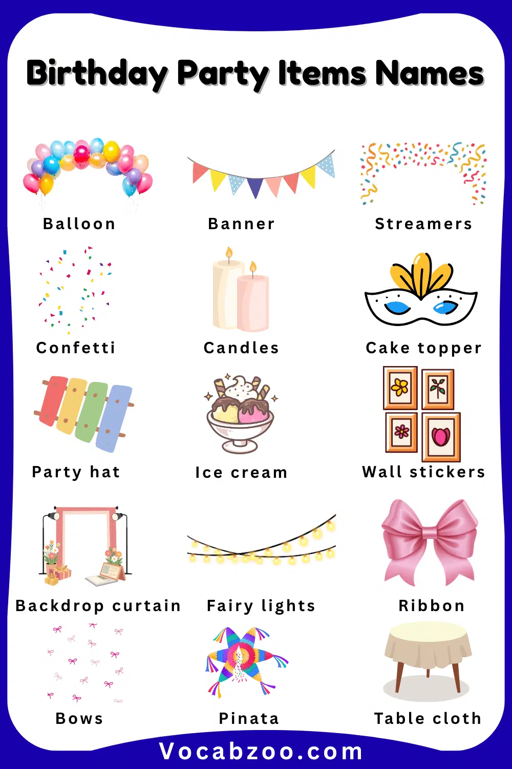 Birthday Party Items Names for Kids in English and Pictures