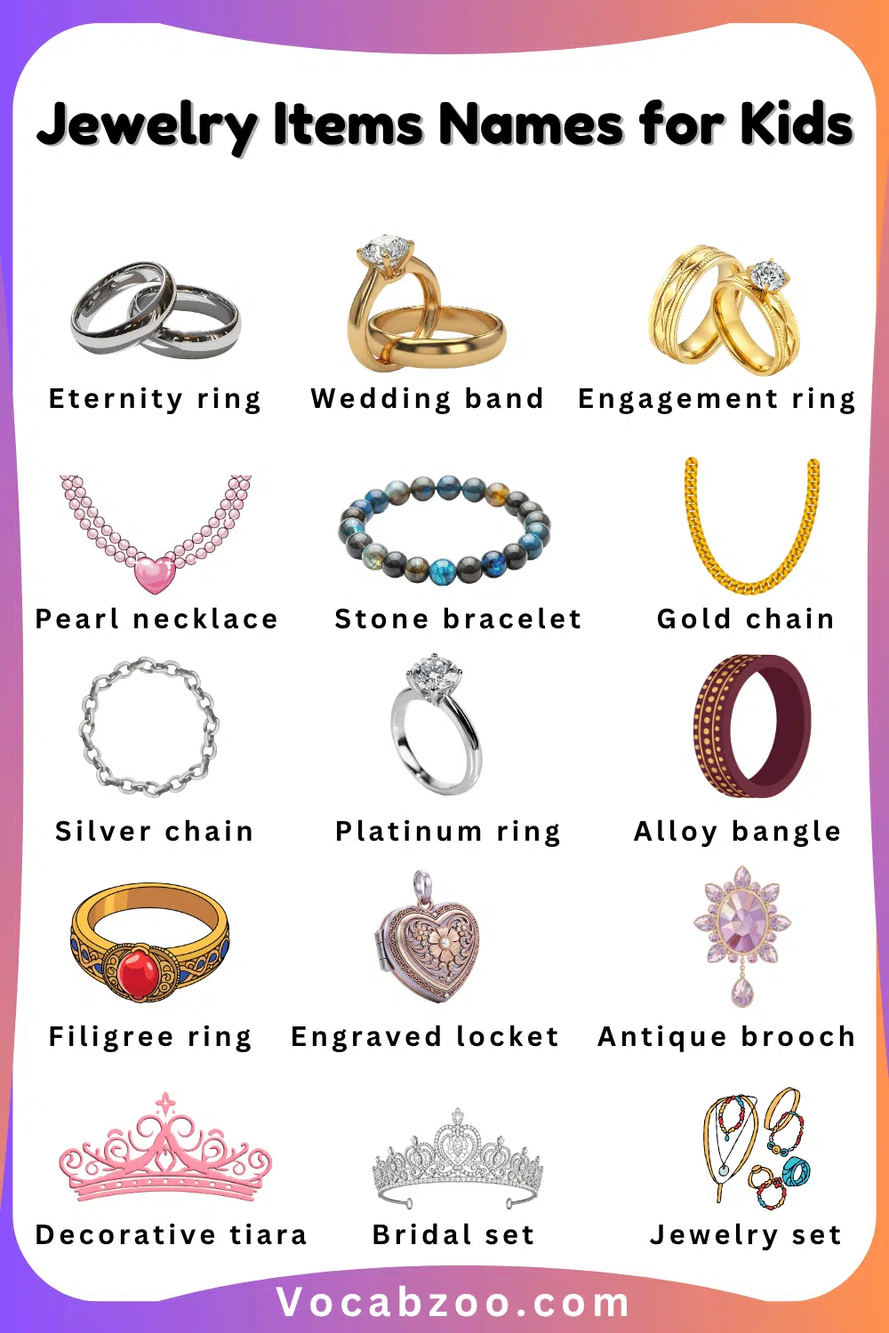Common Jewelry Items Names and Pictures for Children 