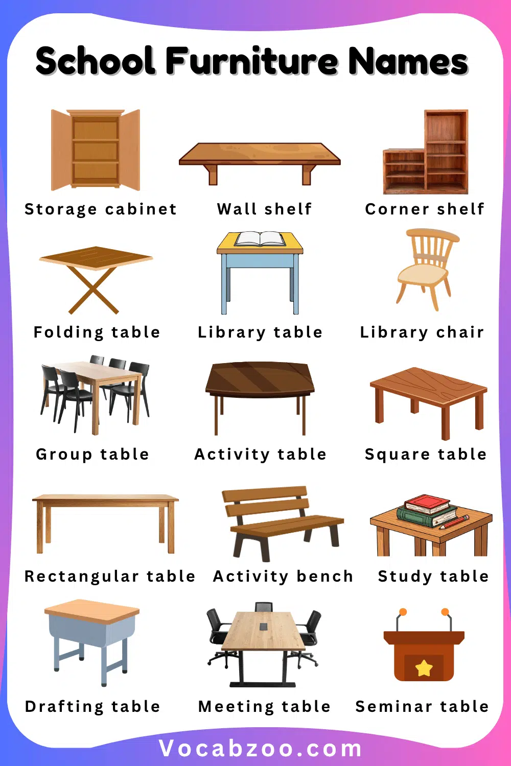 Common School Furniture Names for Kids and Images