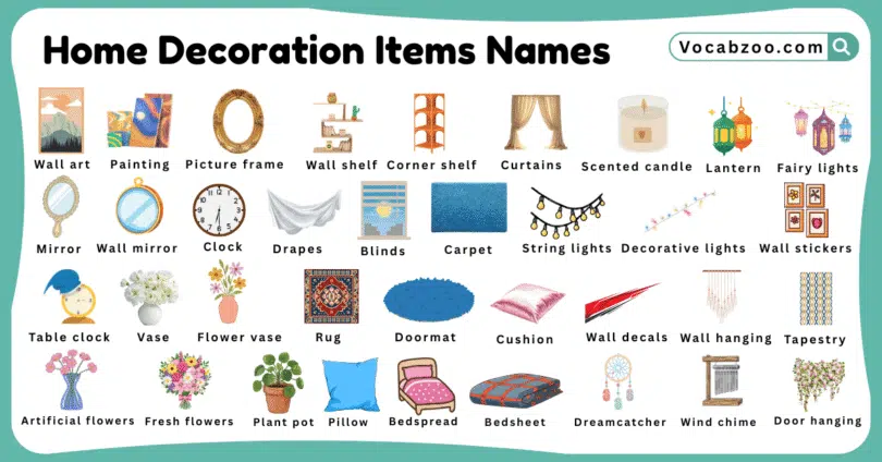 Home Decoration Items Names for Kids in English with Pictures