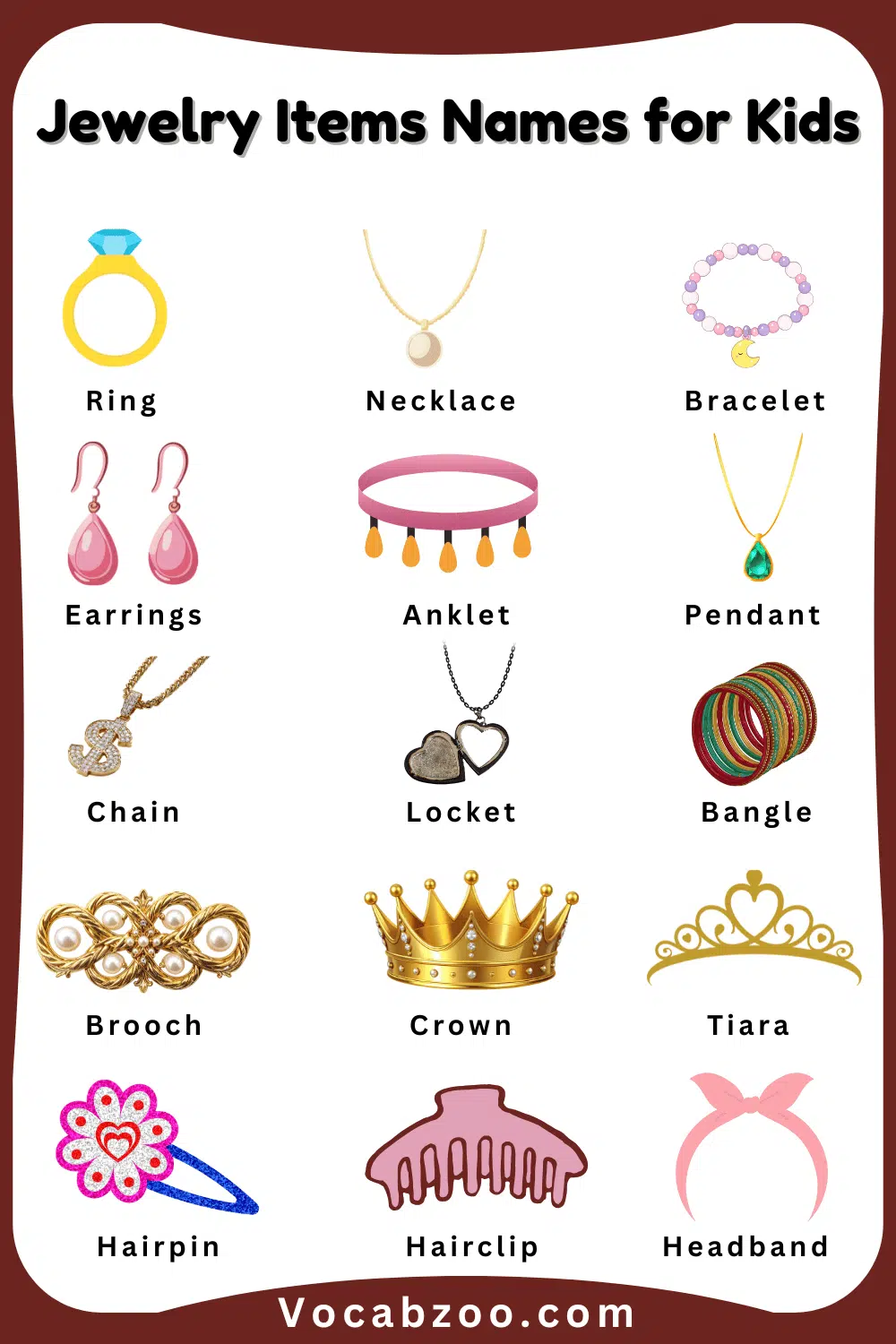 Jewelry Items Names for Kids in English and Pictures