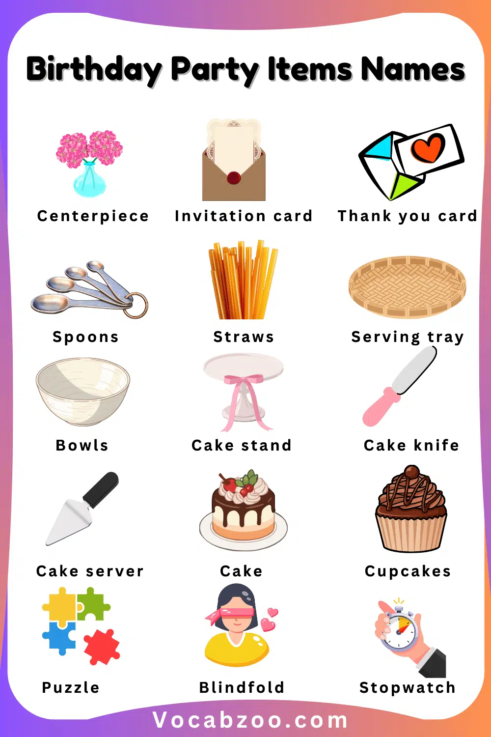Kids Birthday Party Items Name in English and their Images