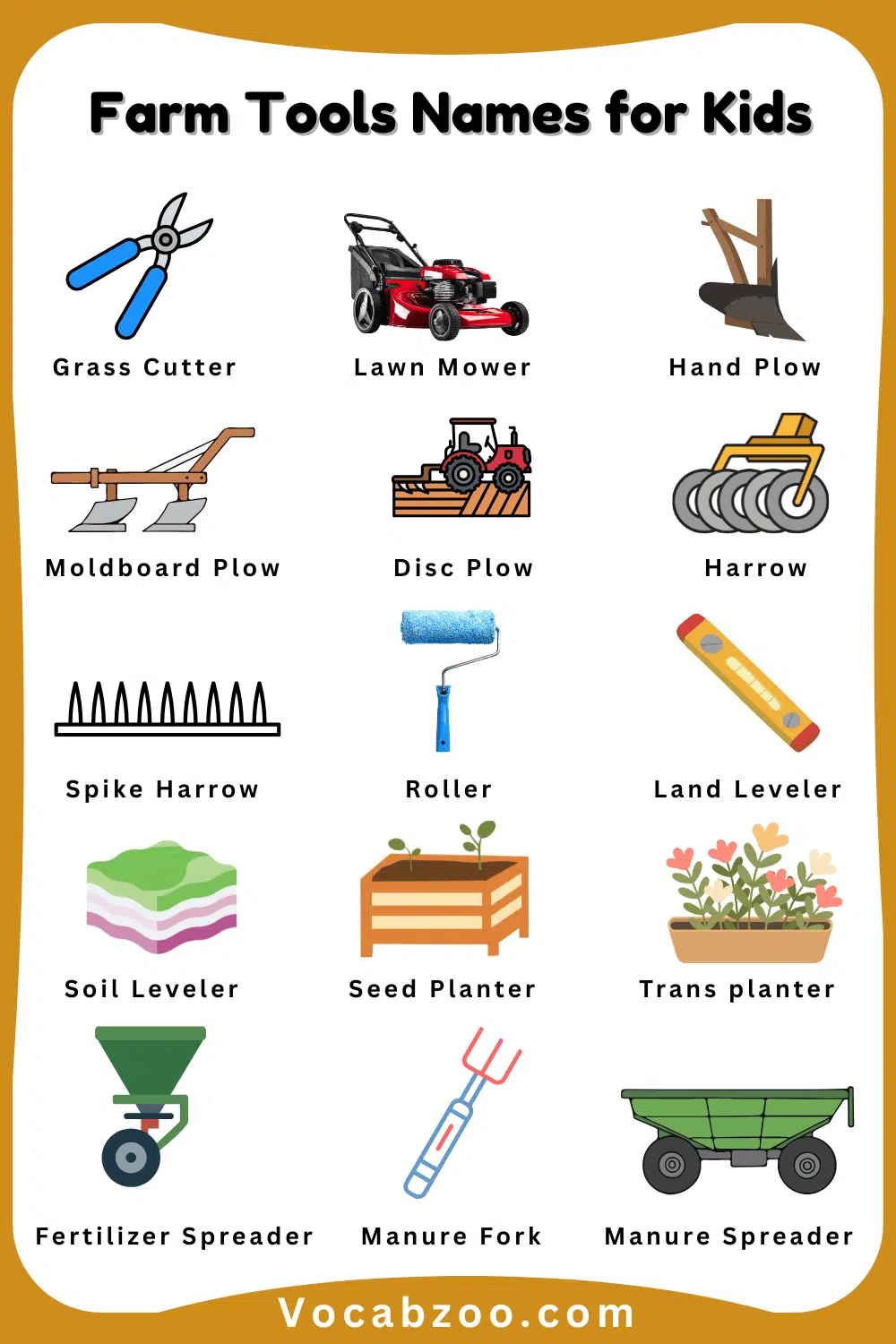 Learn Names of Farm Tools for Kids with their Images