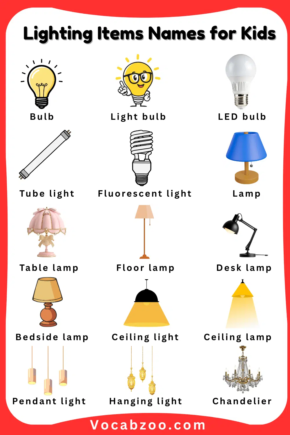 Lighting Items Names for Kids in English and Pictures