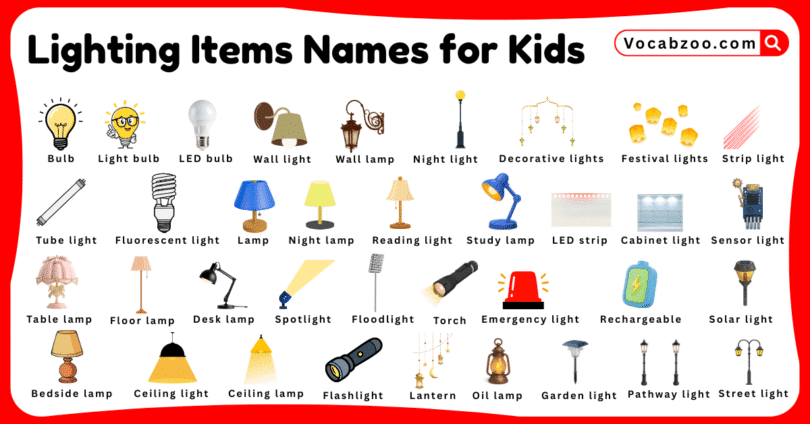 Lighting Items Names for Kids in English with Pictures