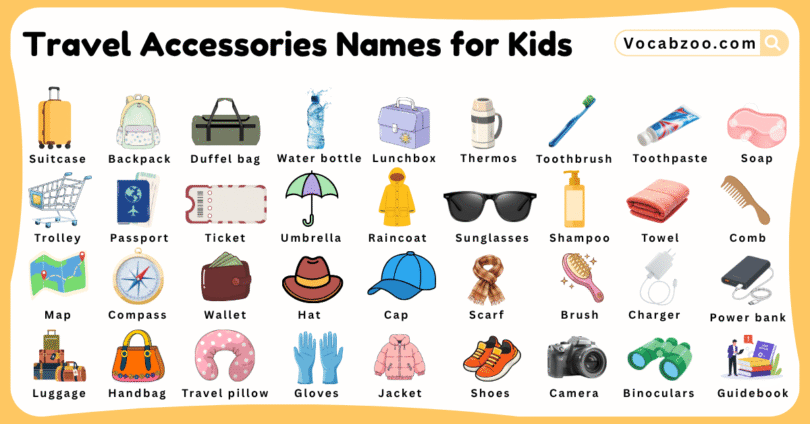 Travel Accessories Names for Kids in English with Pictures