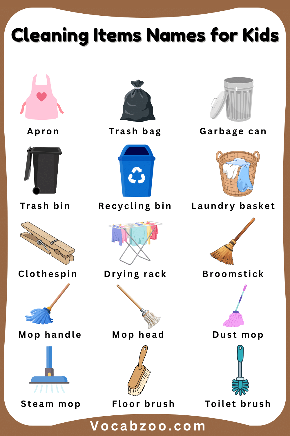 90 Cleaning Items Names for Kids in English and Pictures