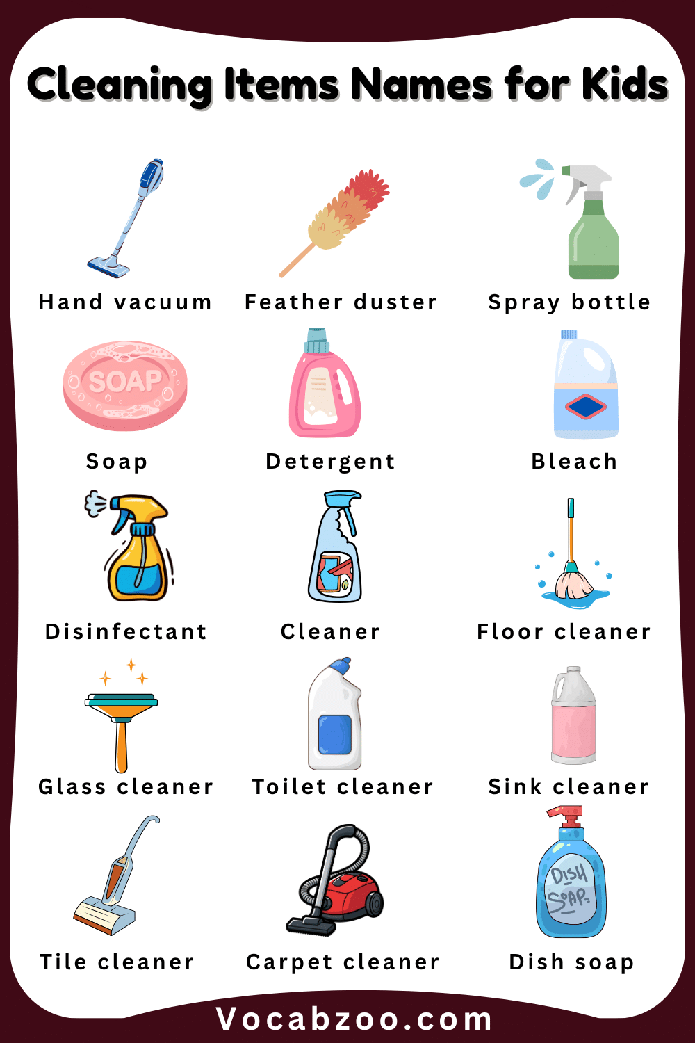Cleaning Items Name for Children and their Images