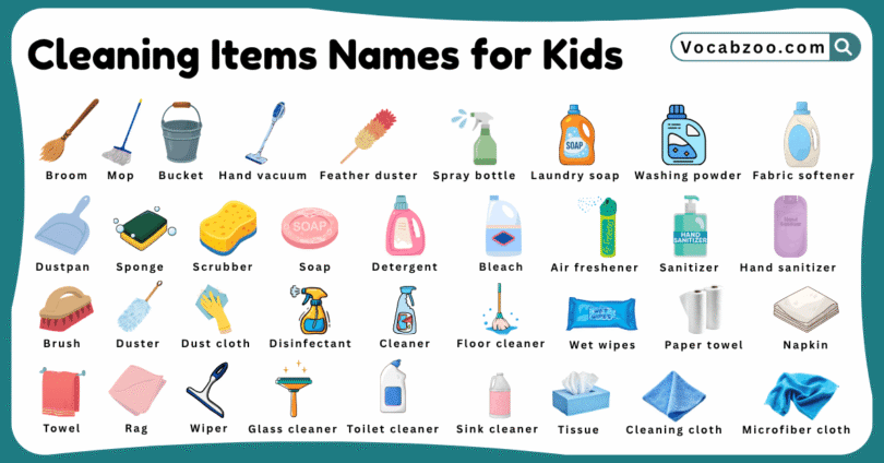 Cleaning Items Names for Kids in English with Pictures