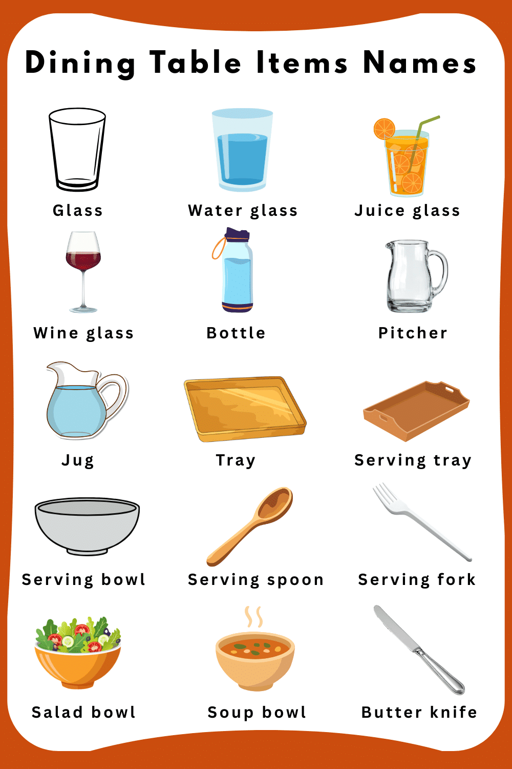 Dining Table Item Name for Children and their Images