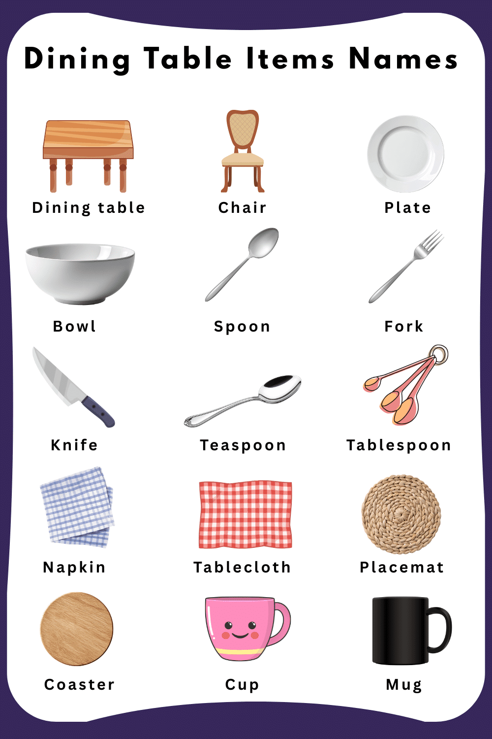 Dining Table Items Names for Kids and Pictures